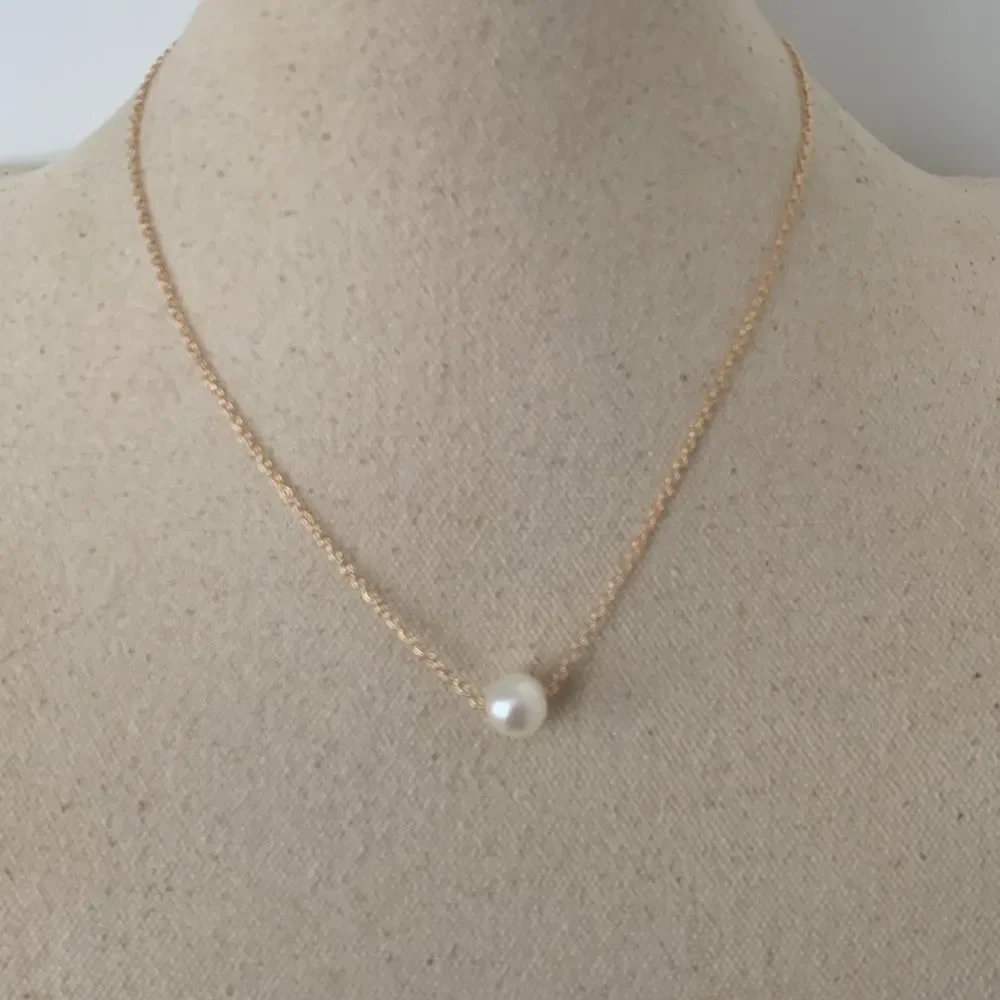 Minimalist Single Floating Faux Pearl Necklace, Gold Tone Chain
